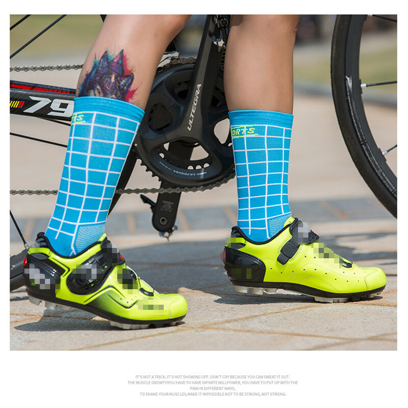 Pro Men Women Plaid Road Cycling Ankle Socks XC Riding Bicycle Sports Socks Blue