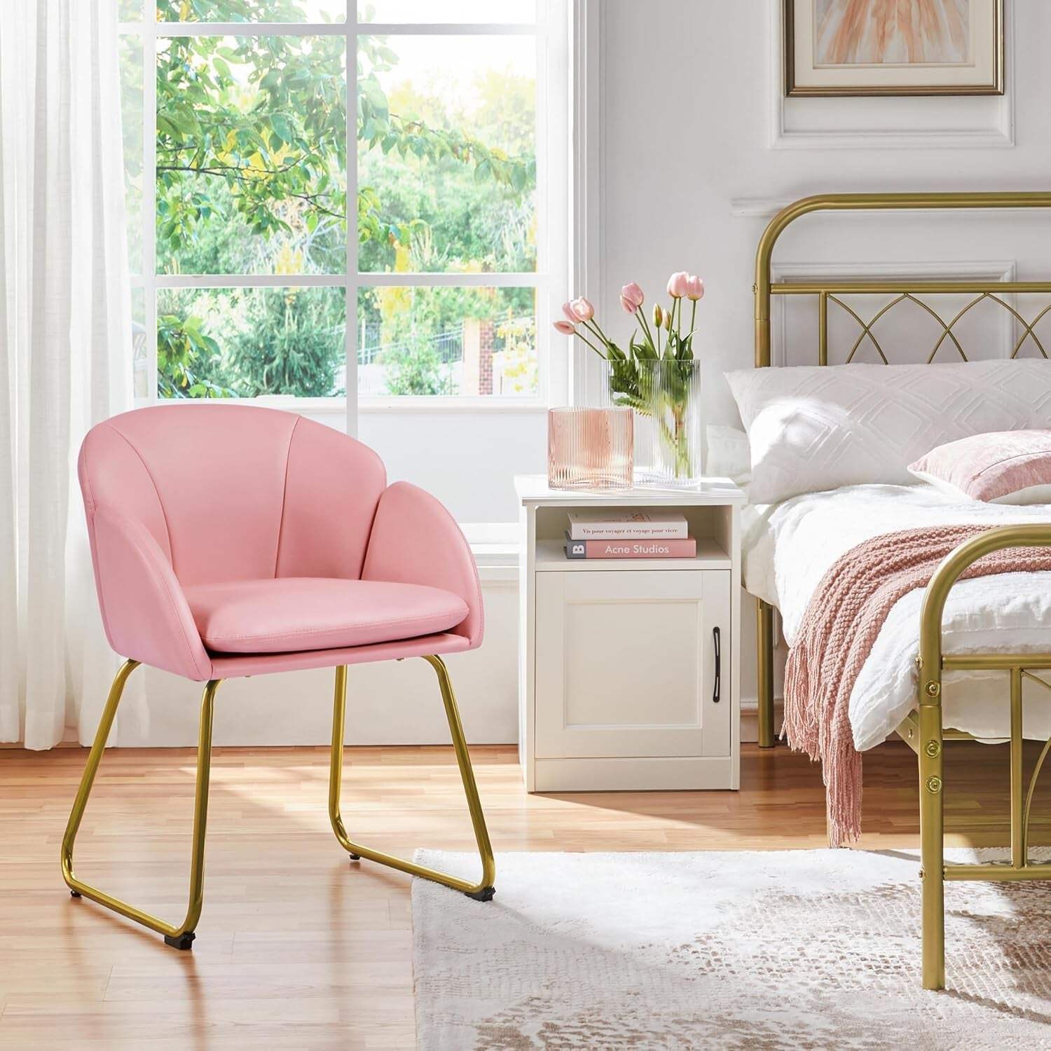Modern PU Leather Armchair Flower With Golden Legs Pink