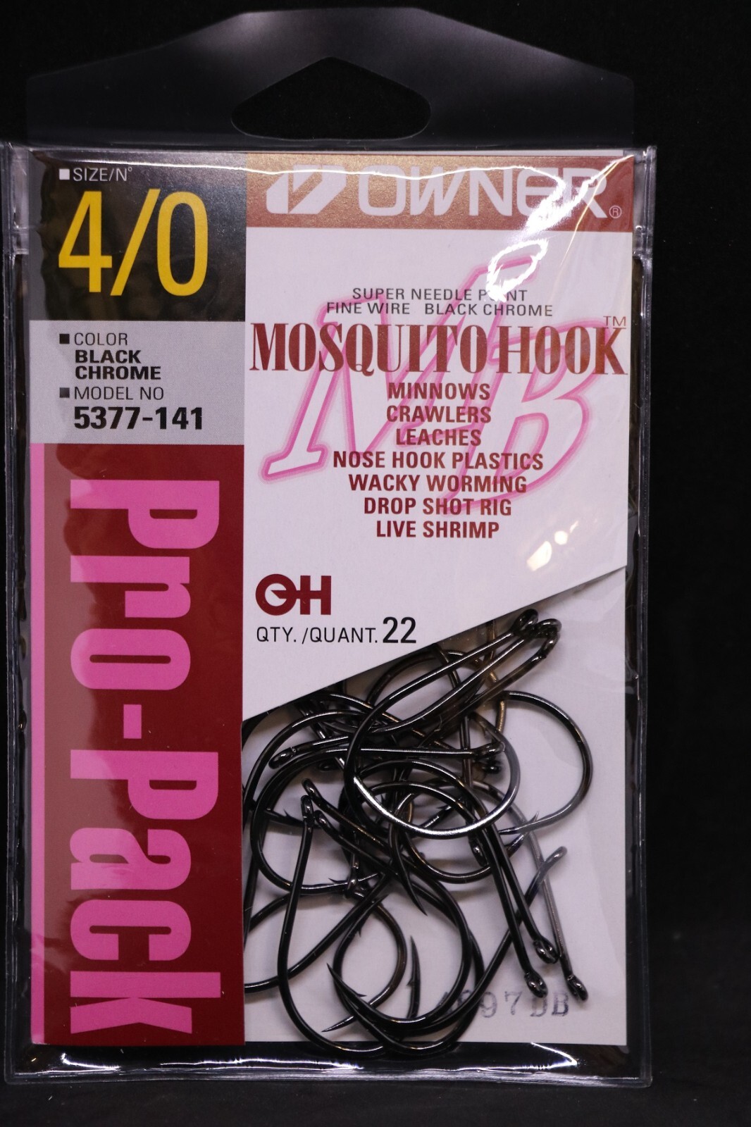 OWNER Mosquito Bait Hooks Pro Pack 5377-141 Size 4/0 - Black Chrome - Pack of 22