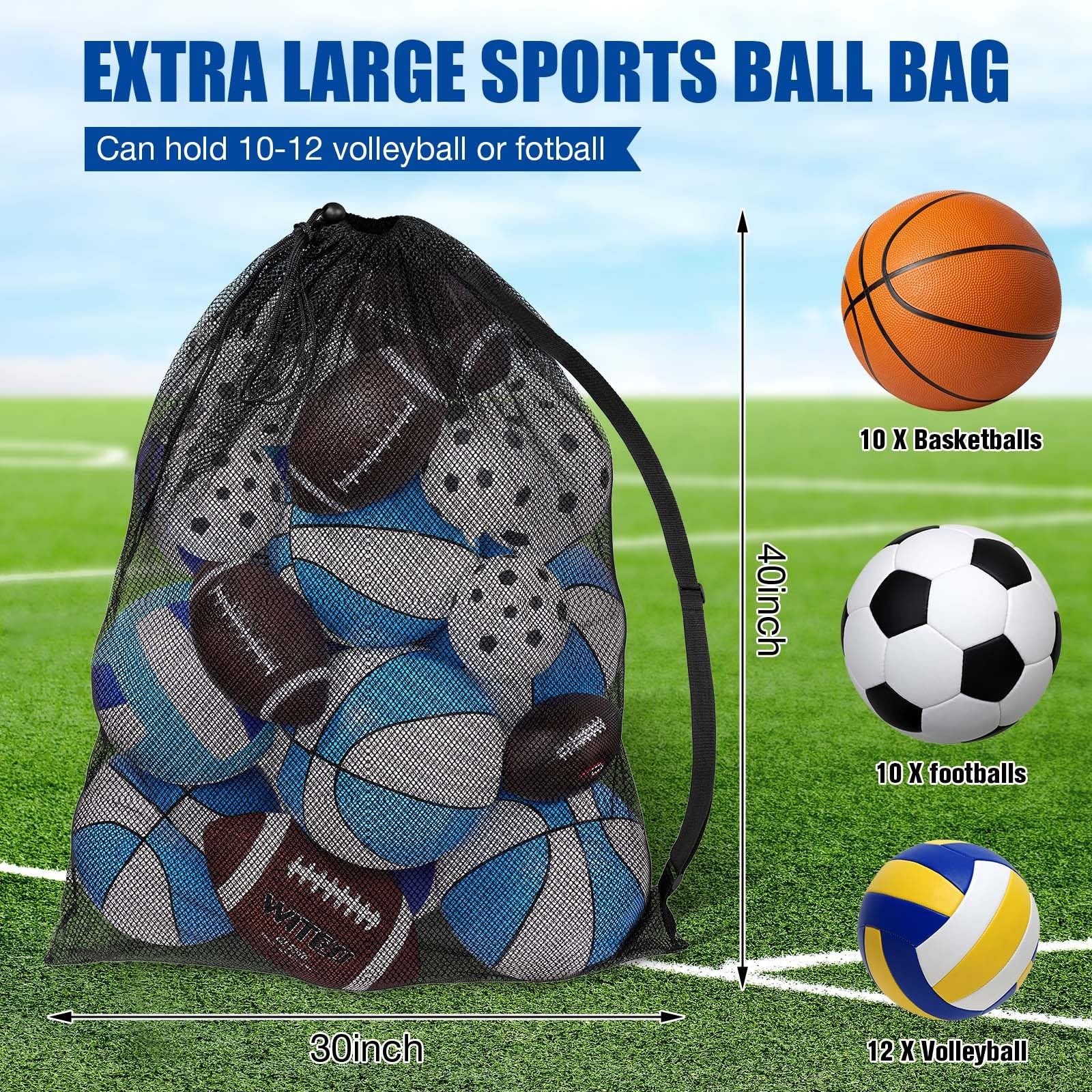 Shappy 8 Pack Extra Large Sports Ball Bag 30 x 40 Inches Mesh Soccer Basketball