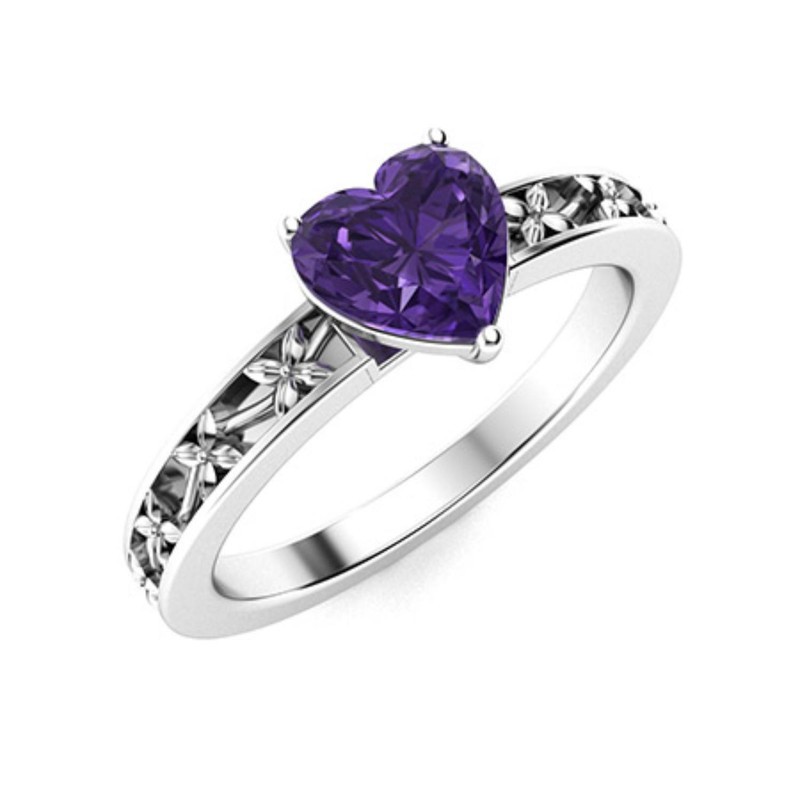 925 Silver Heart Amethyst Gemstone Mother Solitaire Crown Chakra Prong Ring