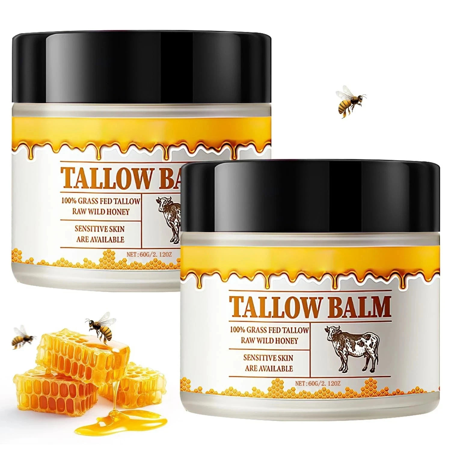 2 Pack Tallow and Honey Balm, Premium Beef Tallow and Wild Honey,Balm for Skin