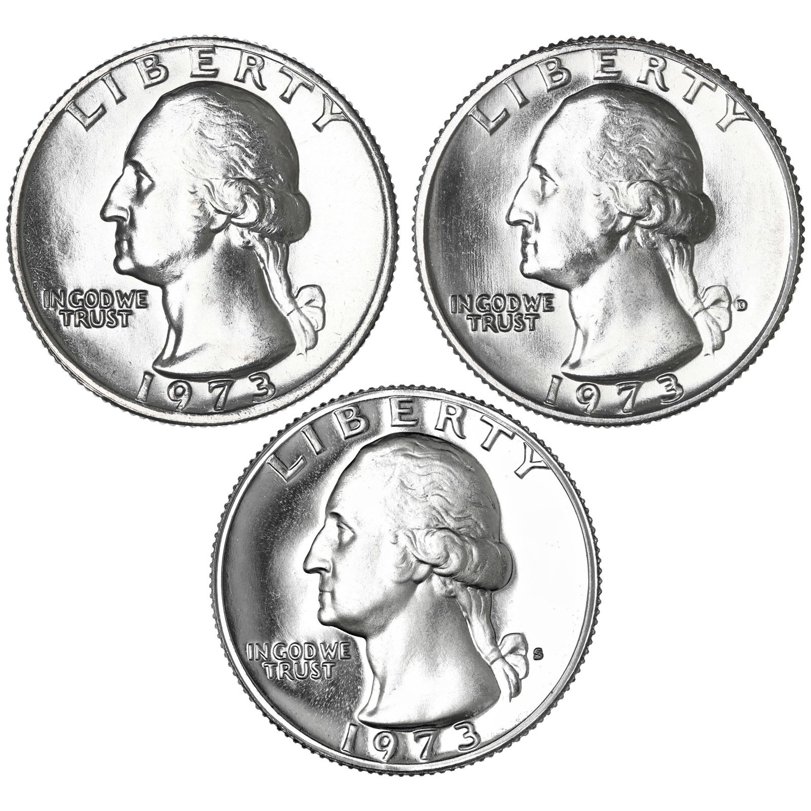 1973 P D S Washington Quarters CN-Clad BU & Gem Proof 3 Coin Year Set