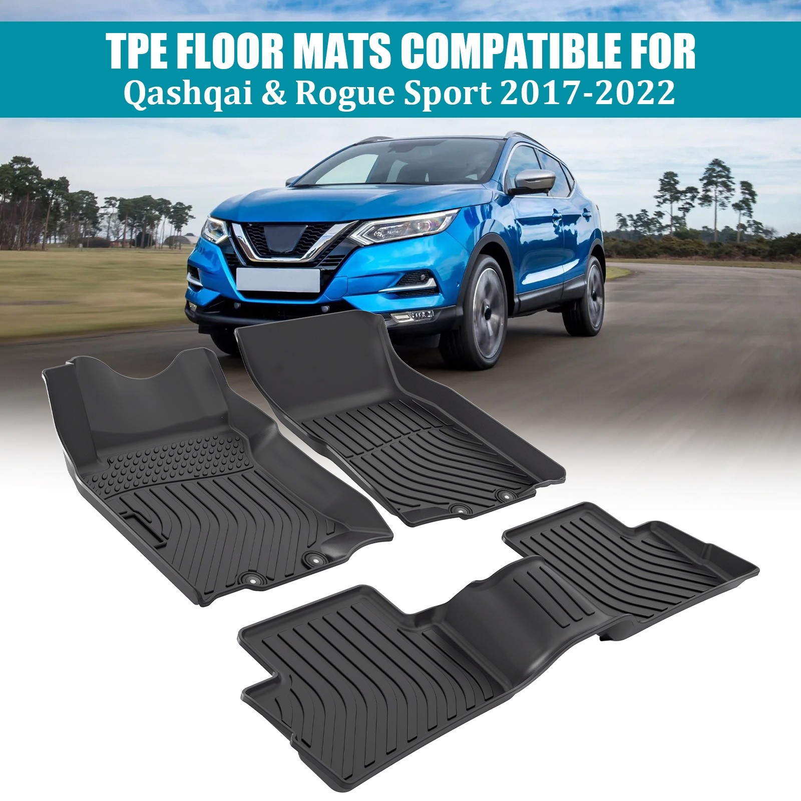Car Floor Mats for 2017-2021 2022 Nissan Qashqai Black TPE All-Weather Carpets