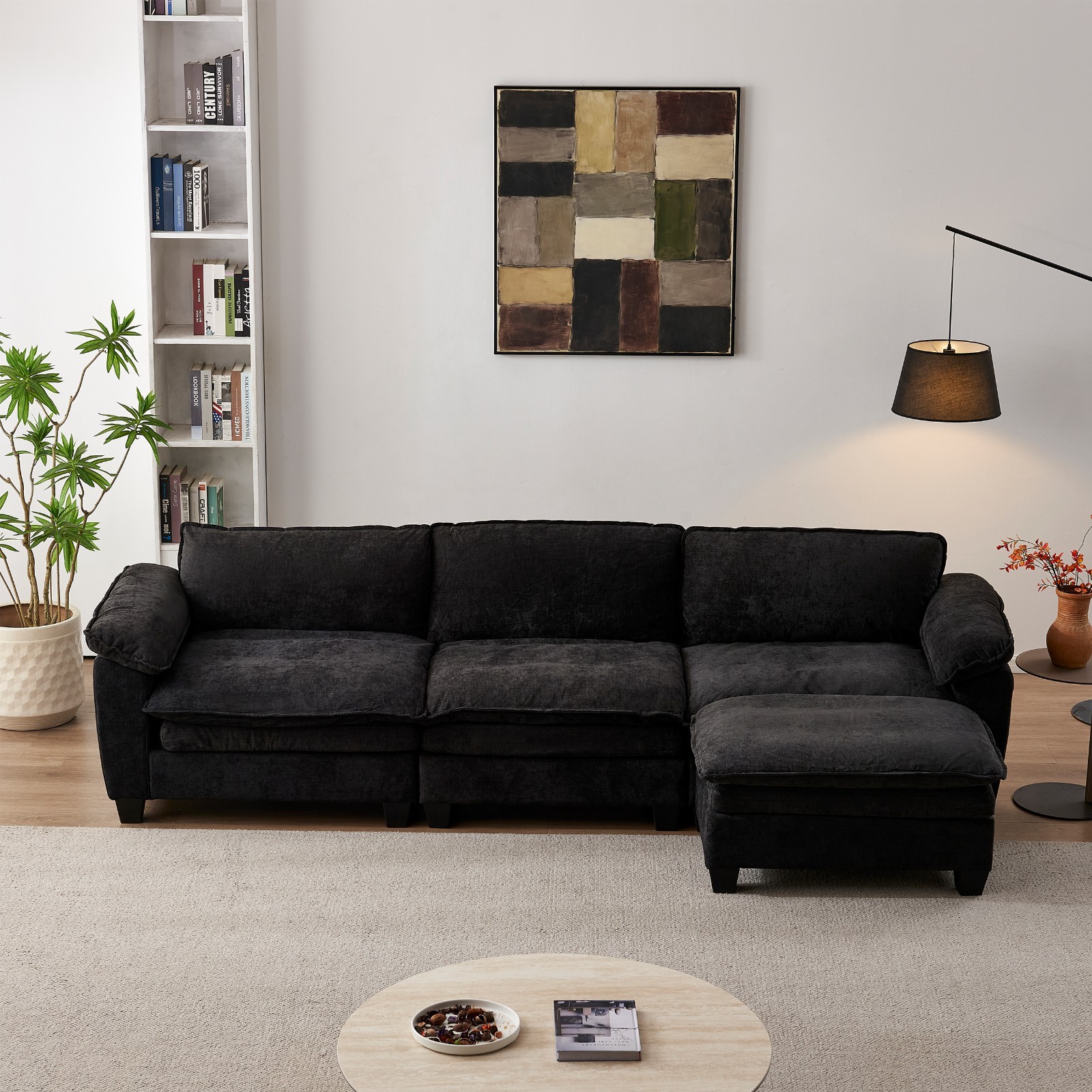 3-Seater L Shape Sectional Sofa Chenille Modular Couch With Movable Ottoman