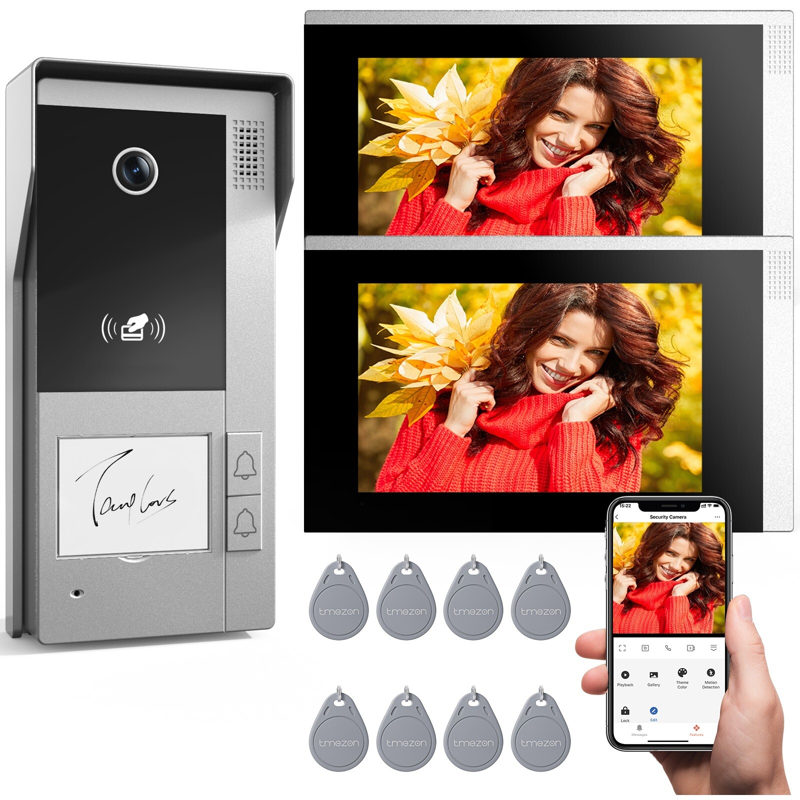 TMEZON HD WIFI Video Doorbell Security Intercom System 2x7'' Touch Monitor RFID