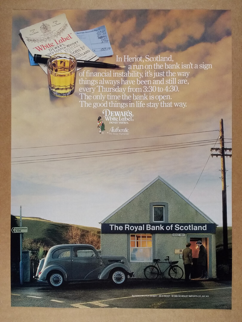 1987 Royal Bank of Scotland Heriot photo Dewar's Scotch vintage print Ad
