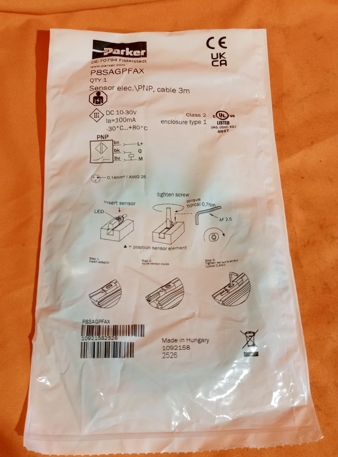 Parker P8SAGPFAX Sensor PNP, Cable 3 M
