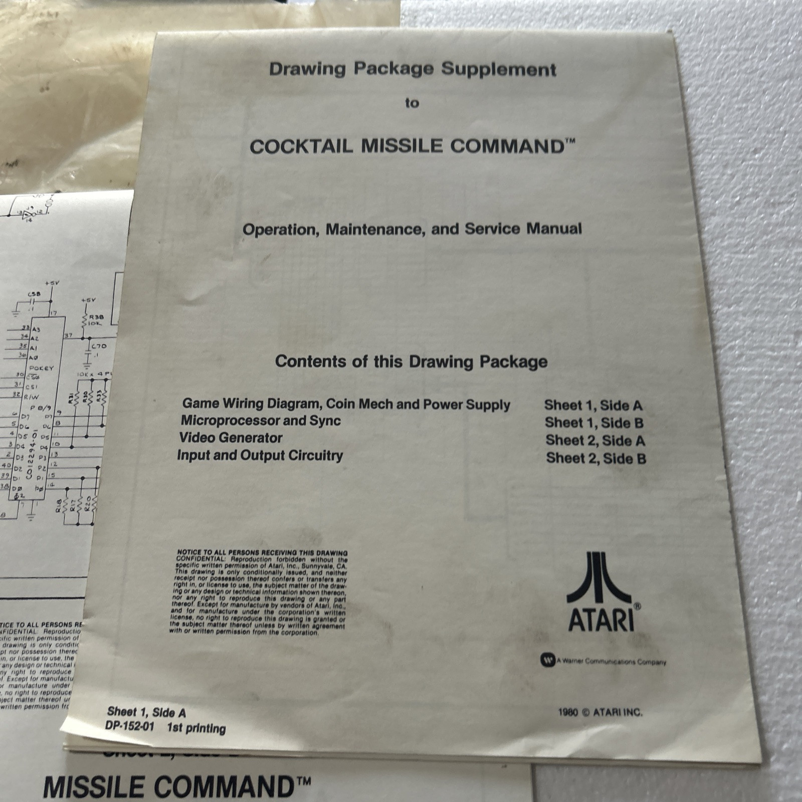 original Set Missile Command Cocktail Table Atari arcade video game manual