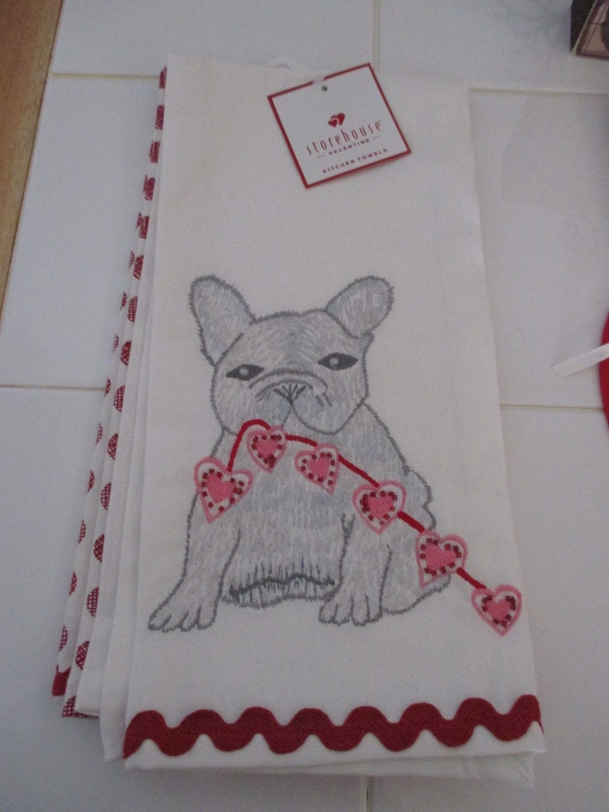 NWT French Bulldog Set of Two (2) Embroidered Valentine's Day Kitchen Towels