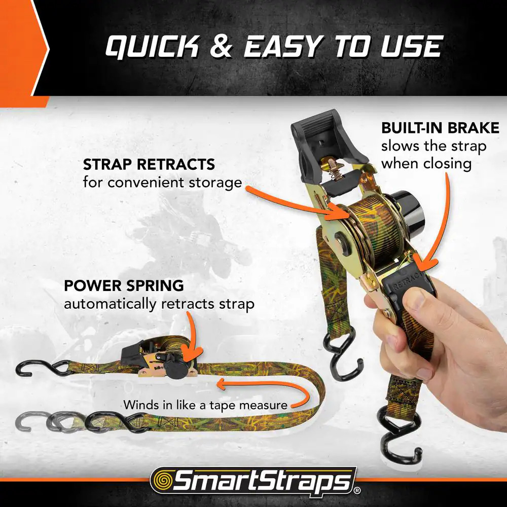 SmartStraps Ratchet Tie Down Straps 10ft x 1.5in Camo Retractable 2 Pack 1000lb