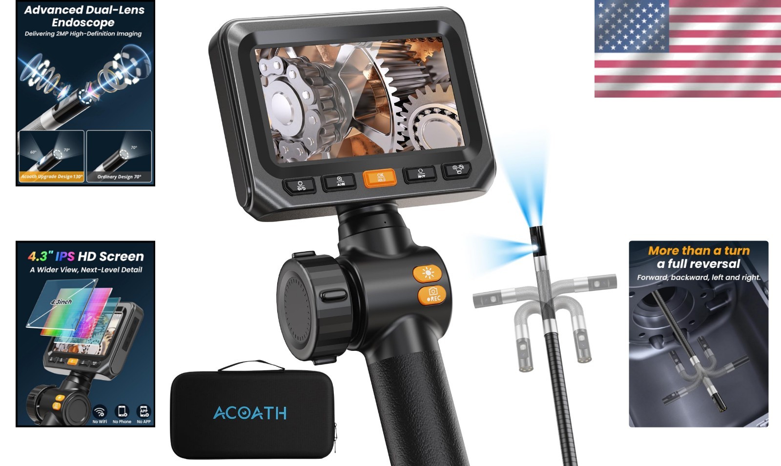 Dual-Lens 1080P Endoscope Camera with 4.3" IPS Screen & 5FT Waterproof Cable