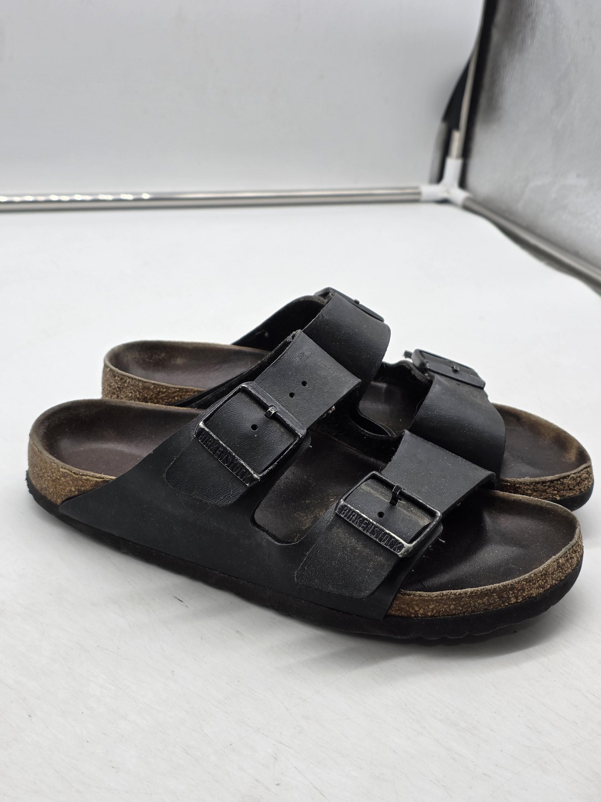 Birkenstock Arizona Sandals 35 Black Two Strap Buckle Cork Footbed Slides