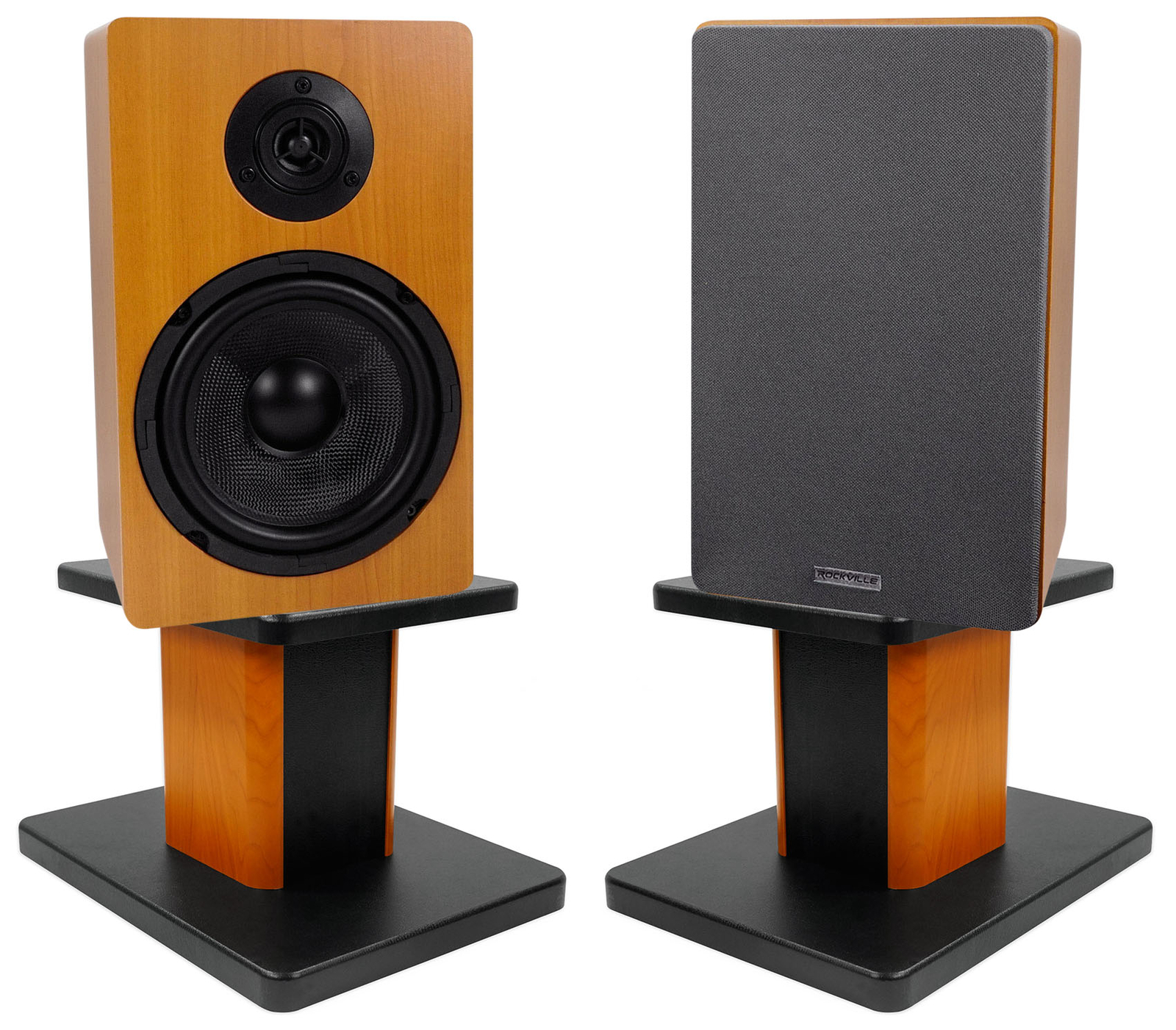 (2) Rockville RockShelf 64C Wood 6.5" Home Bookshelf Speakers+8" Wood Stands