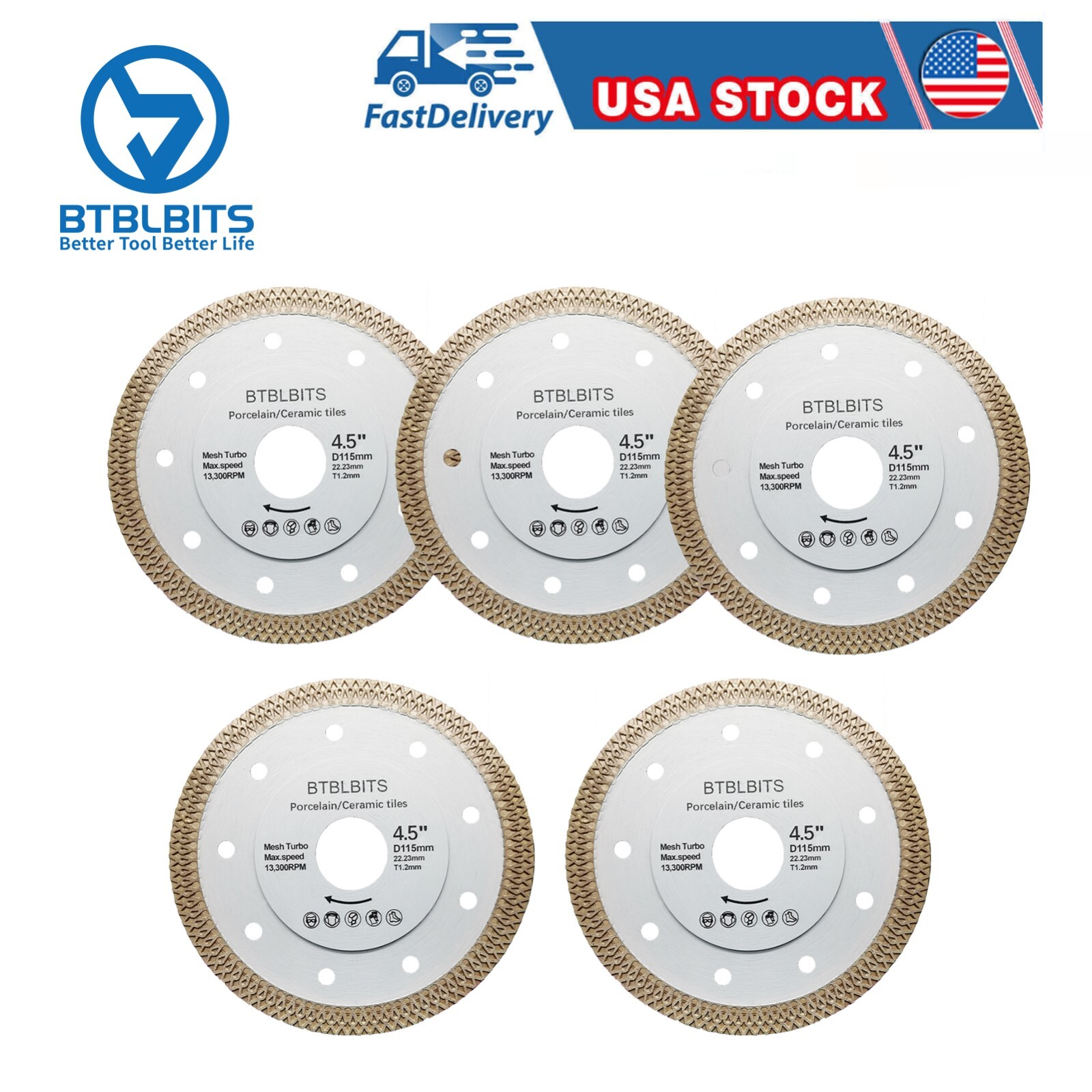 5pcs Dia 4.5'' Diamond Mesh Turbo Angle Grinder Saw Blade Ceramic Porcelain Tile
