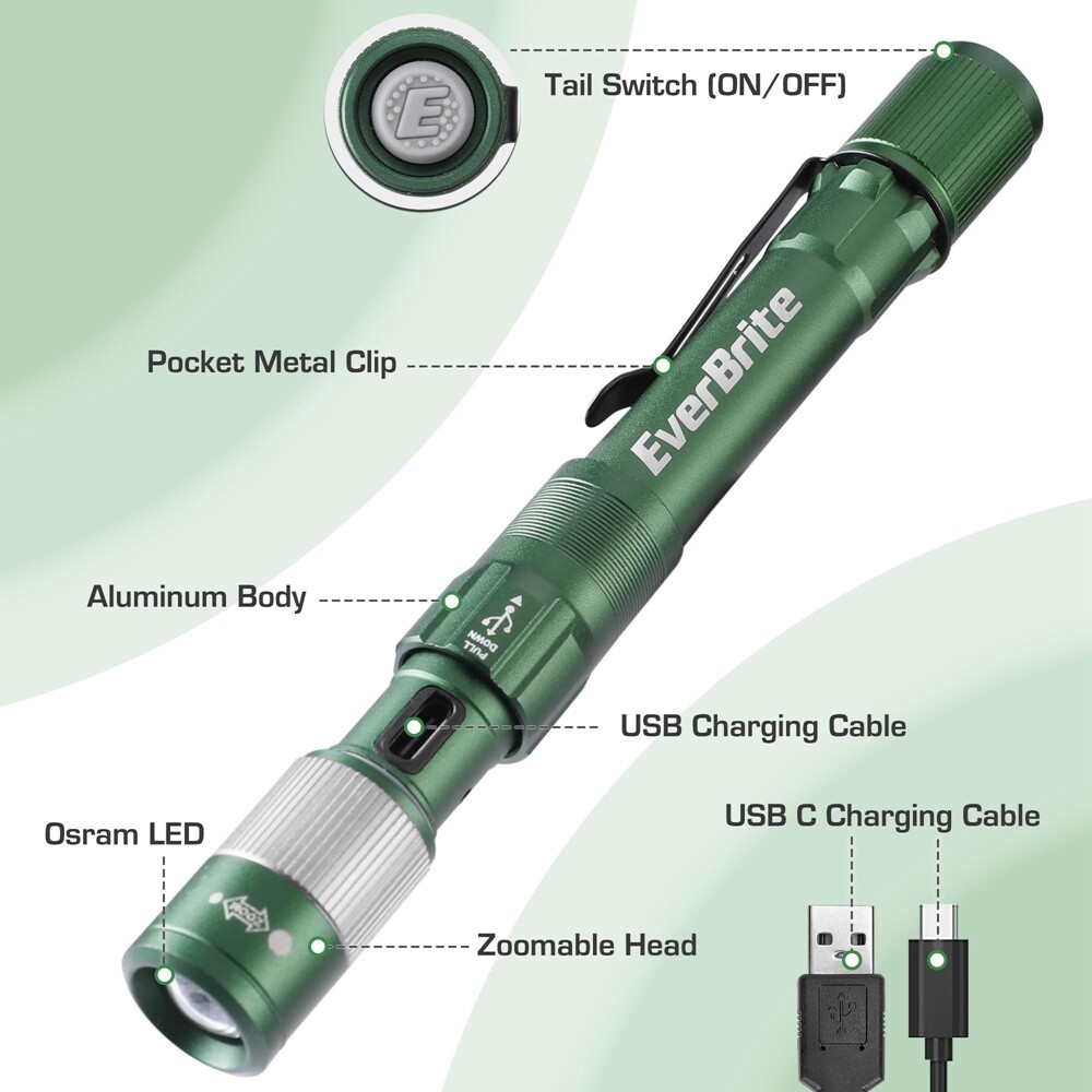 EverBrite 300LM Pen Light Rechargeable LED Pen Flashlight Zoomable w/USB-C Cable