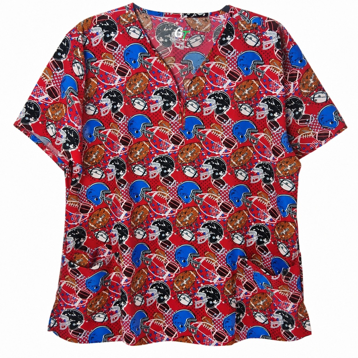 GT Performance Scrub Top Women's 2X Red Football Helmet Print Short Sleeve...