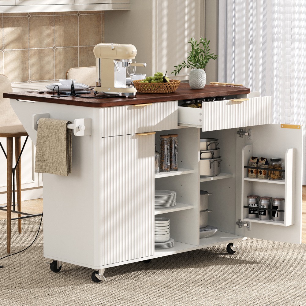 52" Fluted Kitchen Island with Drop Leaf, Power Outlet, Kitchen Storage Cart