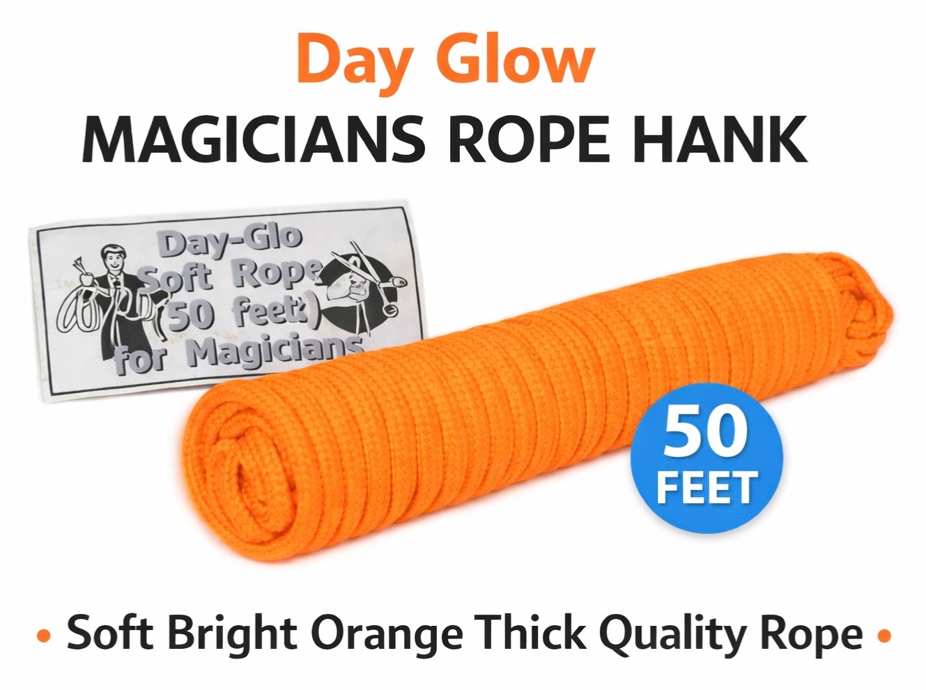 DAY GLOW FLORESCENT ORANGE ROPE 50’ Feet Hank Magician Soft Magic Tricks Bright