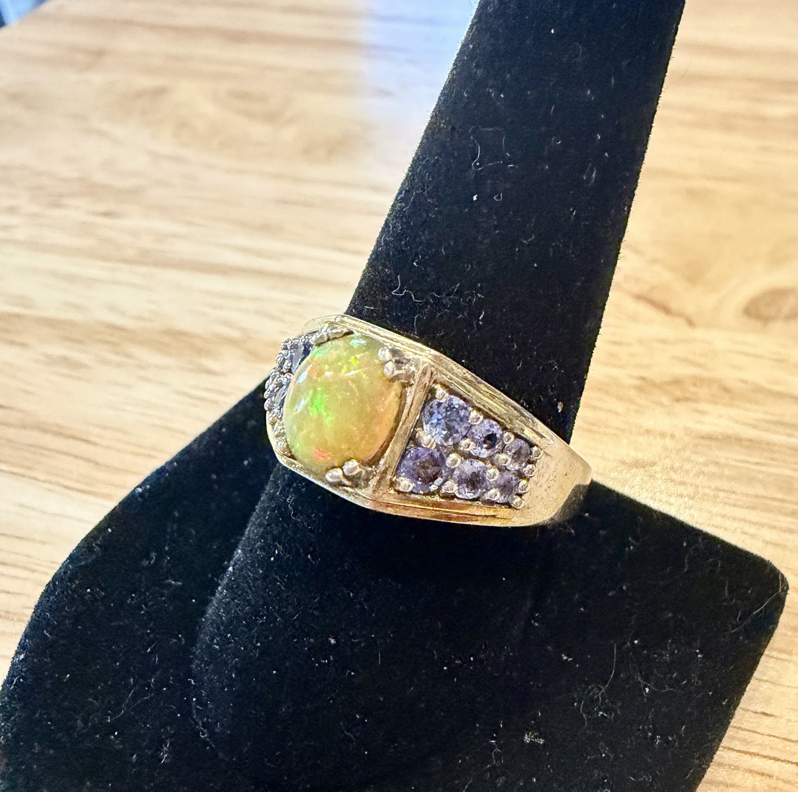 Men’s Fire Opal Ring. With Amethyst Stone On Shoulders. Set In Sterling Silver.