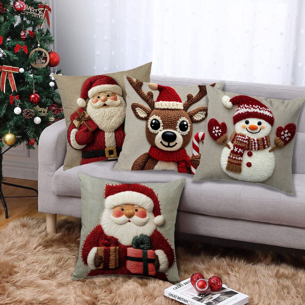 Christmas Pillow Covers 18x18in, Santa Snowman Reindeer Xmas Home Deco ❥