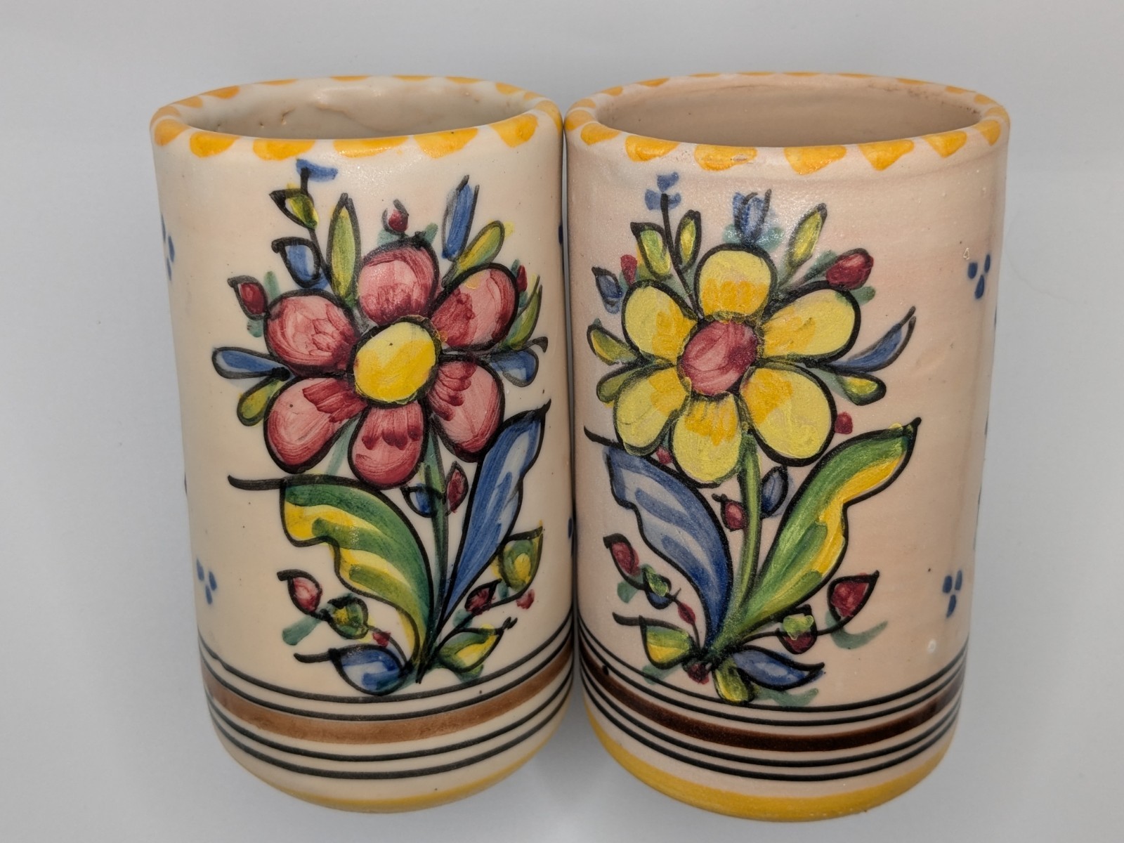Two Ceramic Art Pottery Flower Coffee Mugs Artist Signed