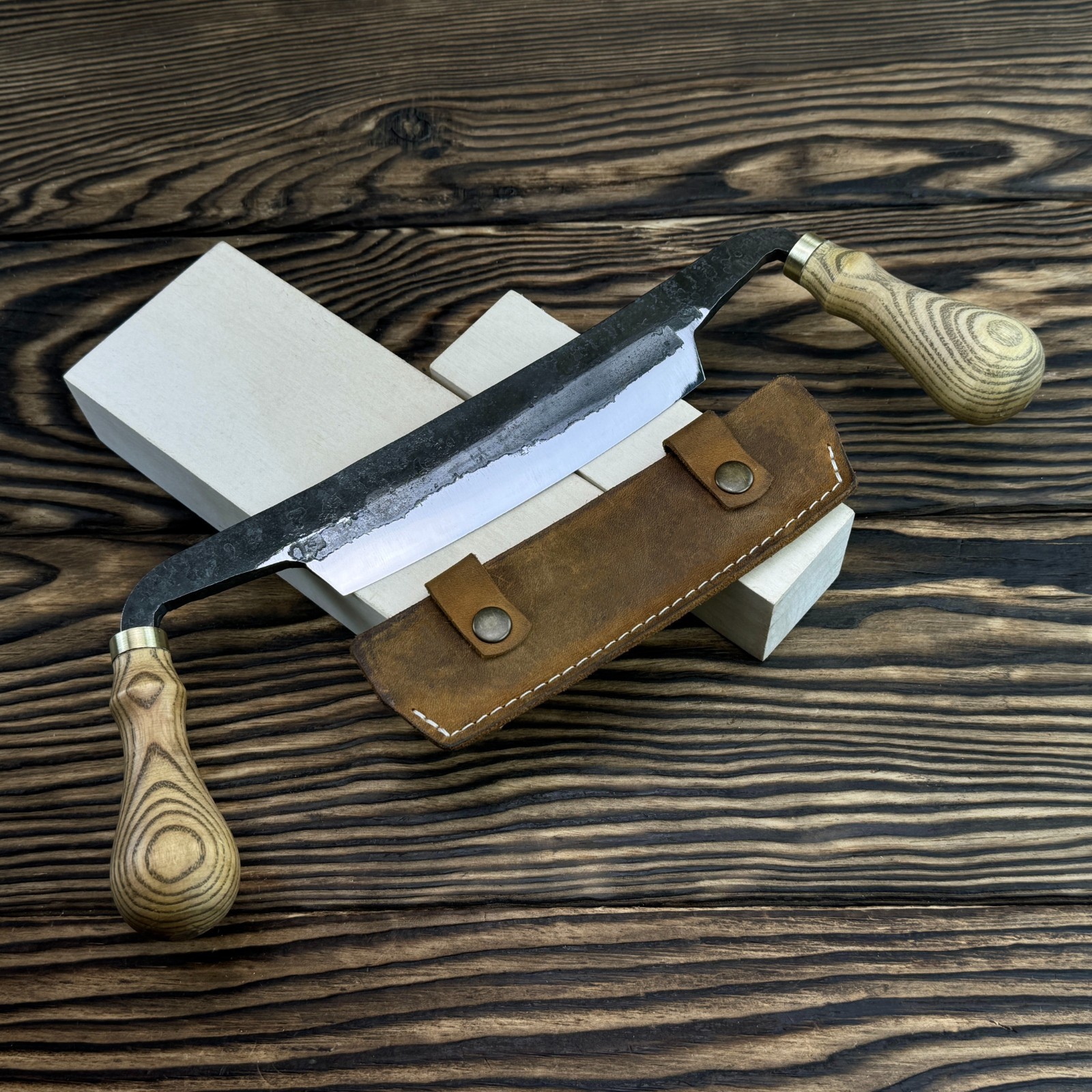 Drawknife with Leather Sheath. Wood Shaping Tool. Ash Handle. Gift for Beginner