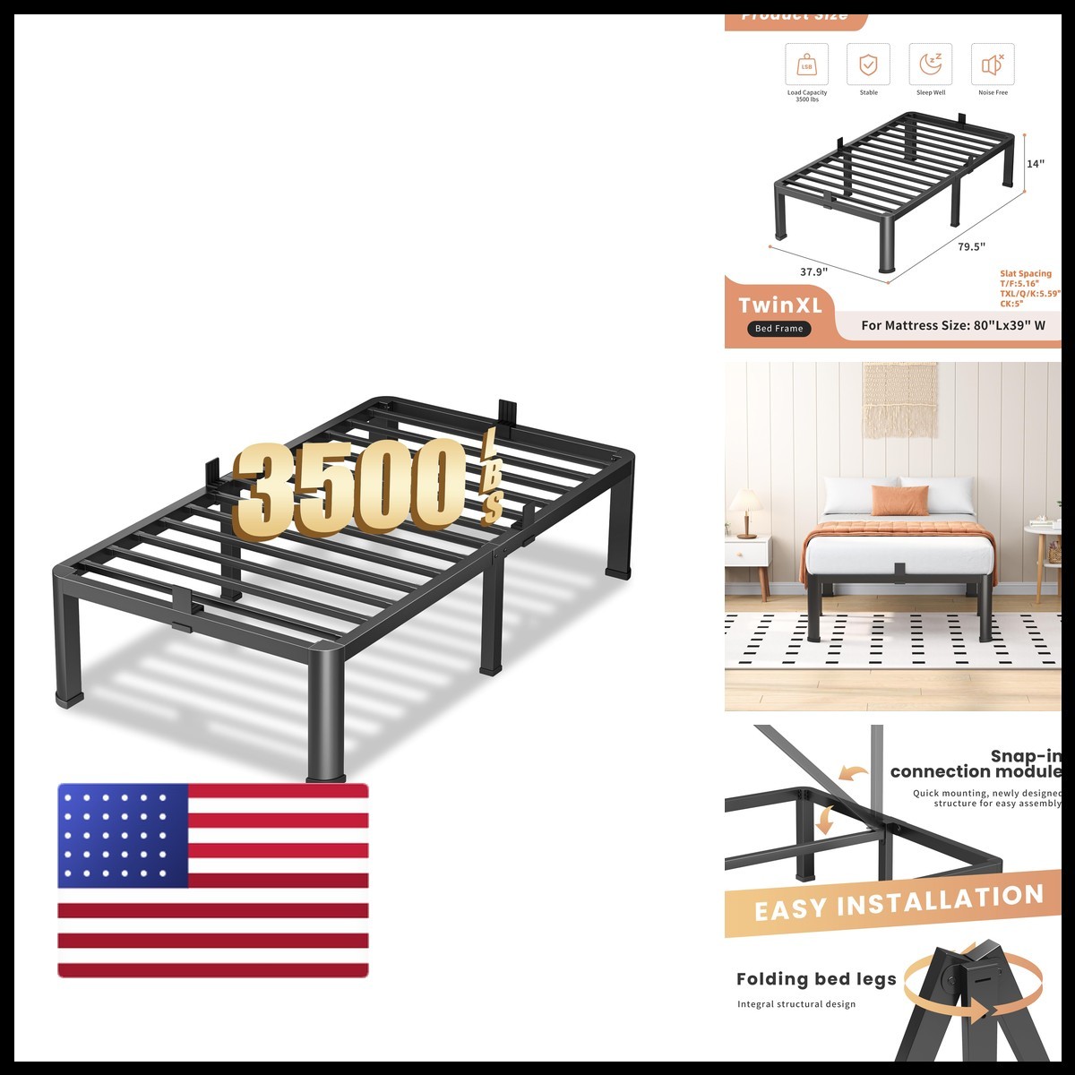 VIPSHOW 14 Inch Twin XL Heavy Duty 3500 Lbs Bed Frame Round-Corner Legs
