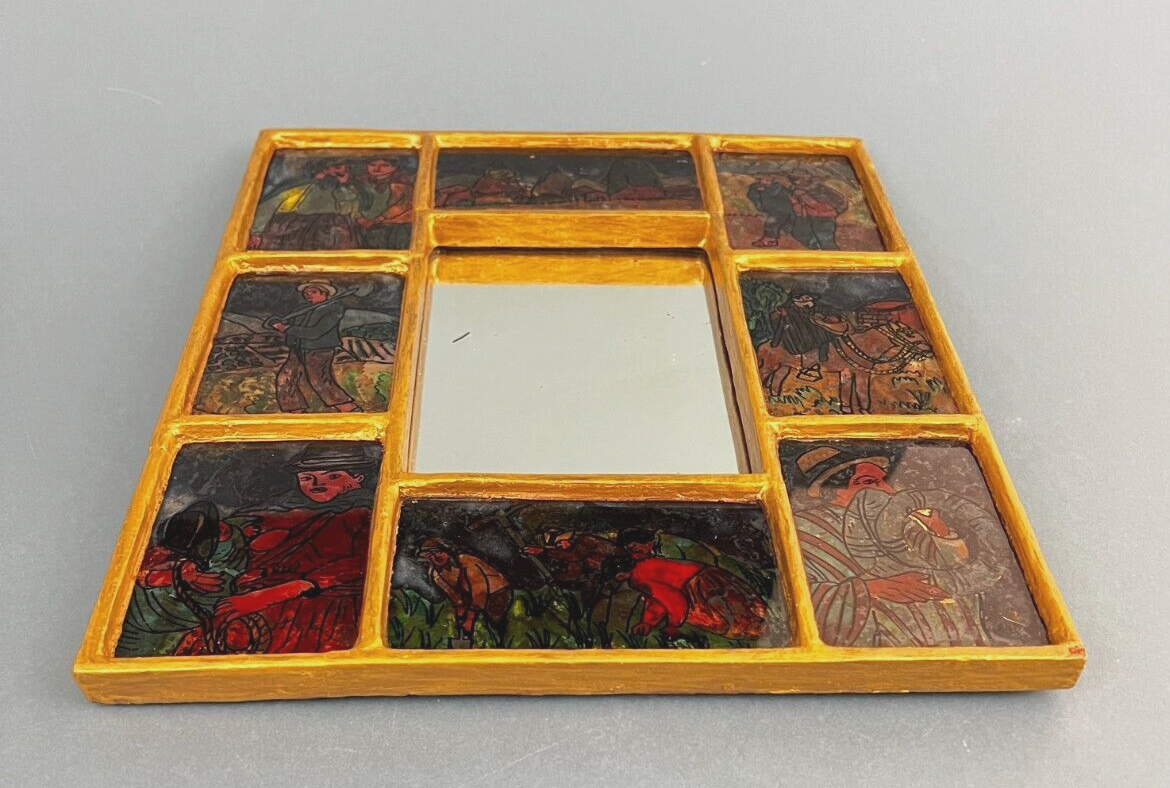 VTG Peruvian Folk Art Reverse Painted Figures 8 Panels Gold Gilt Mirror Frame