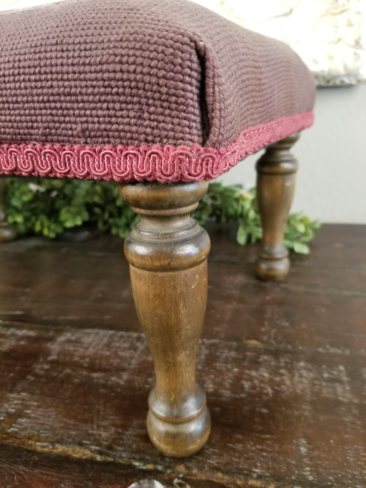 Antique Early 1900's Floral & Rose Needlepoint Wooden Footstool in Deep Mauve