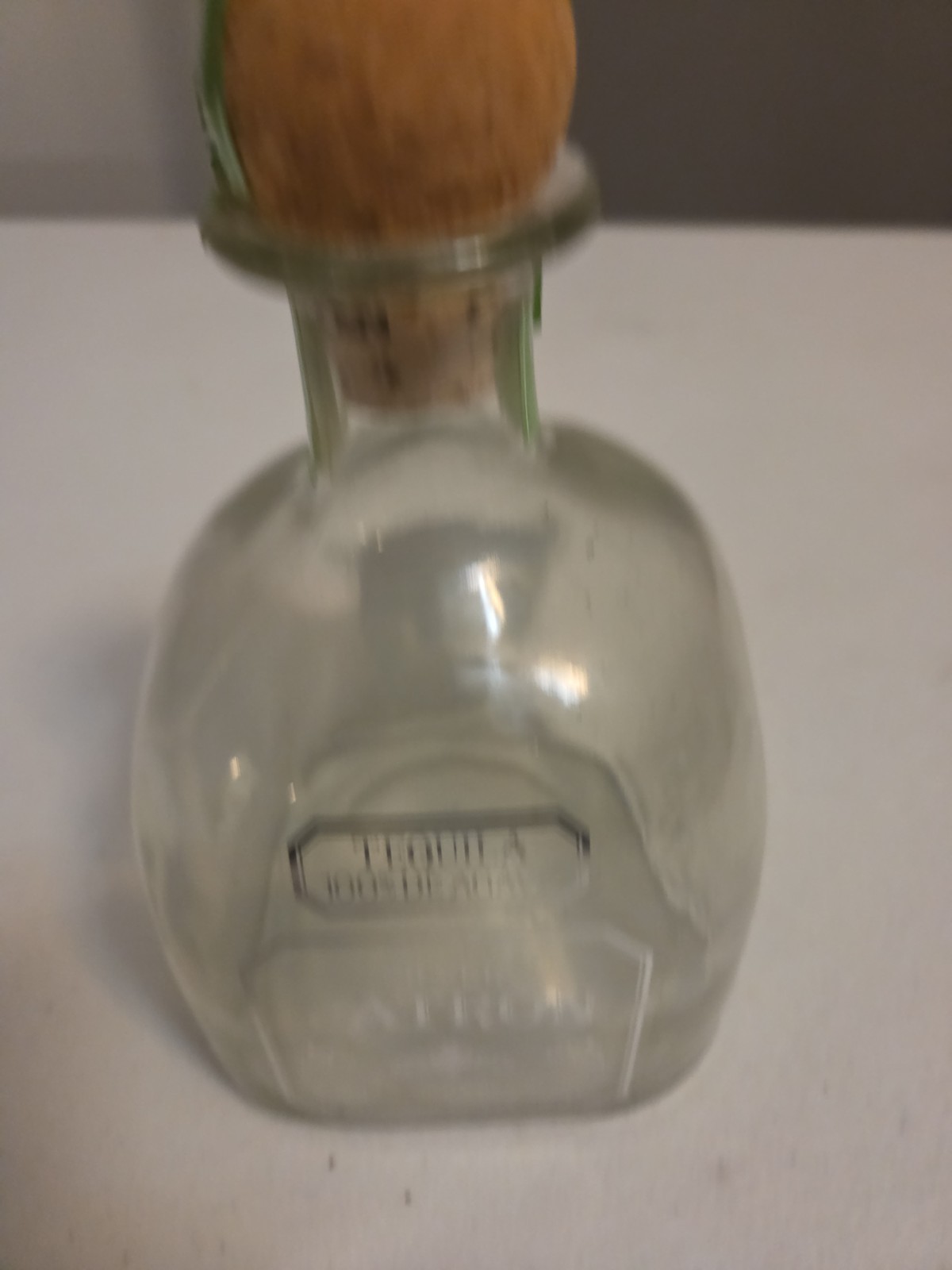 Empty Square Glass Bottle PATRON SILVER TEQUILA with Cork Topper and Neck Ribbon