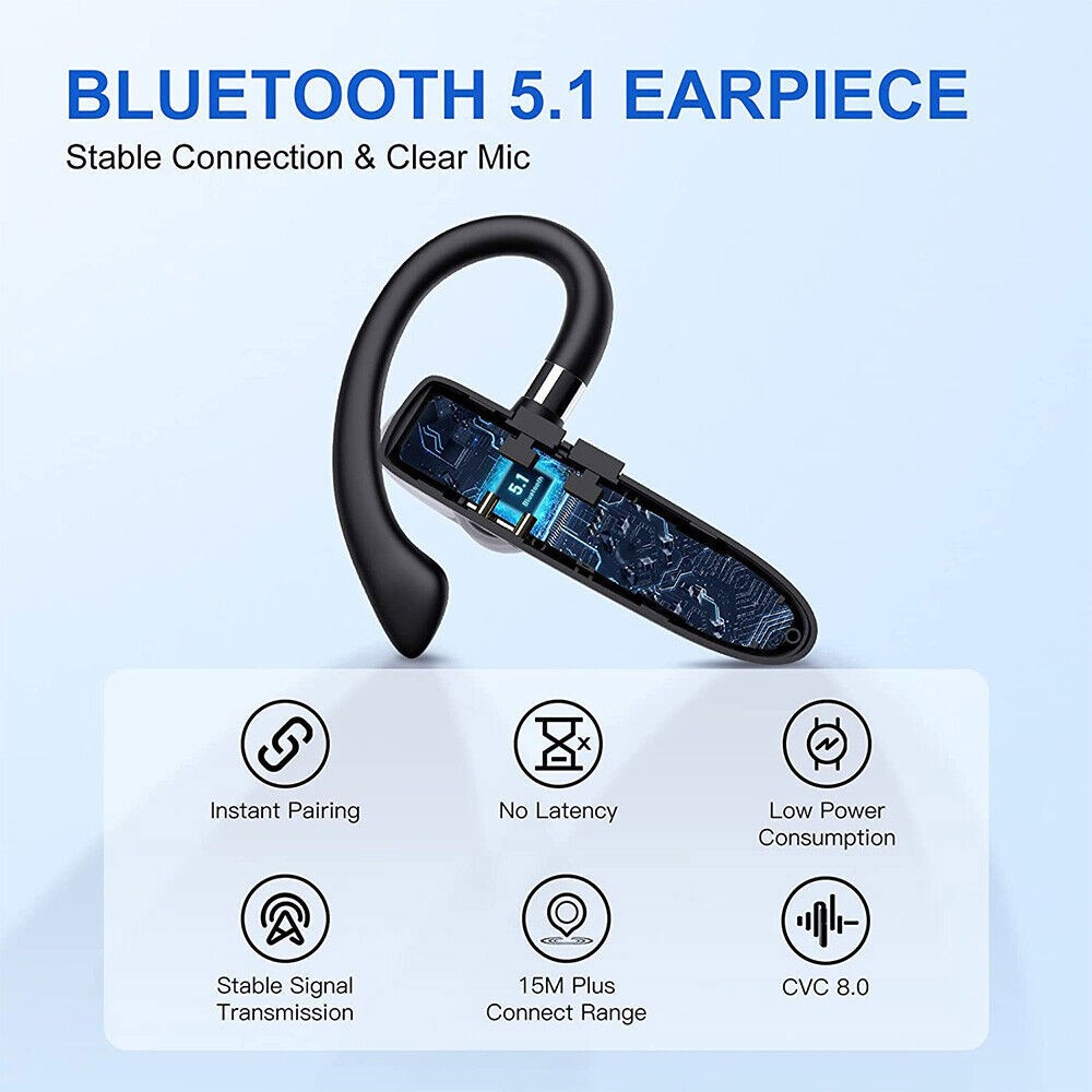 Bluetooth 5.3 Wireless Earpiece Headset Driving Trucker Earbuds Noise Cancelling