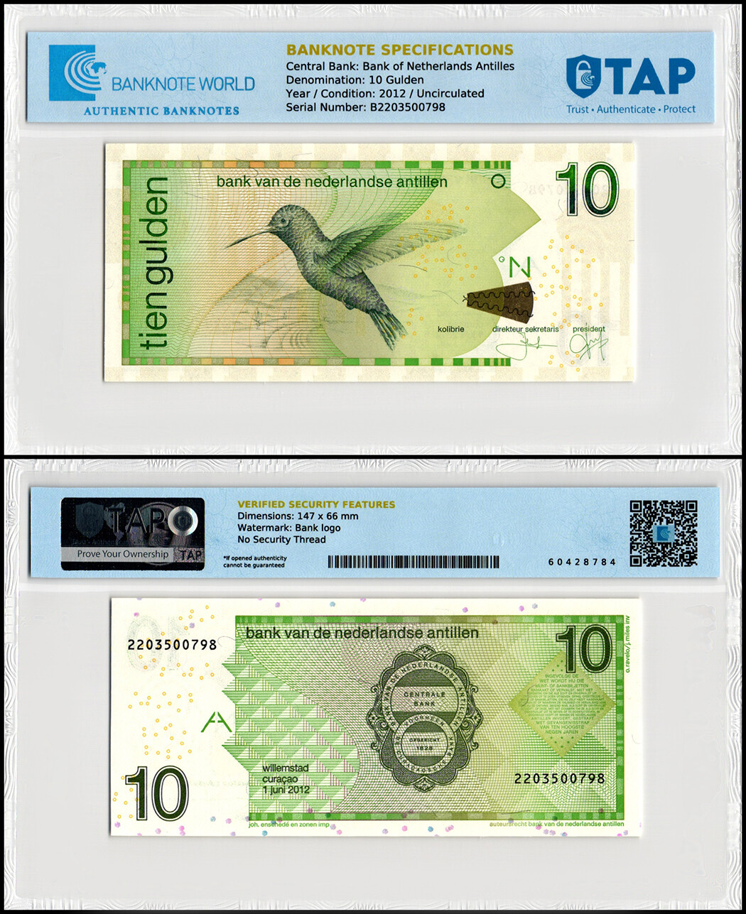 Netherlands Antilles 10 Gulden, 2012, P-28f, UNC, Authenticated Banknote
