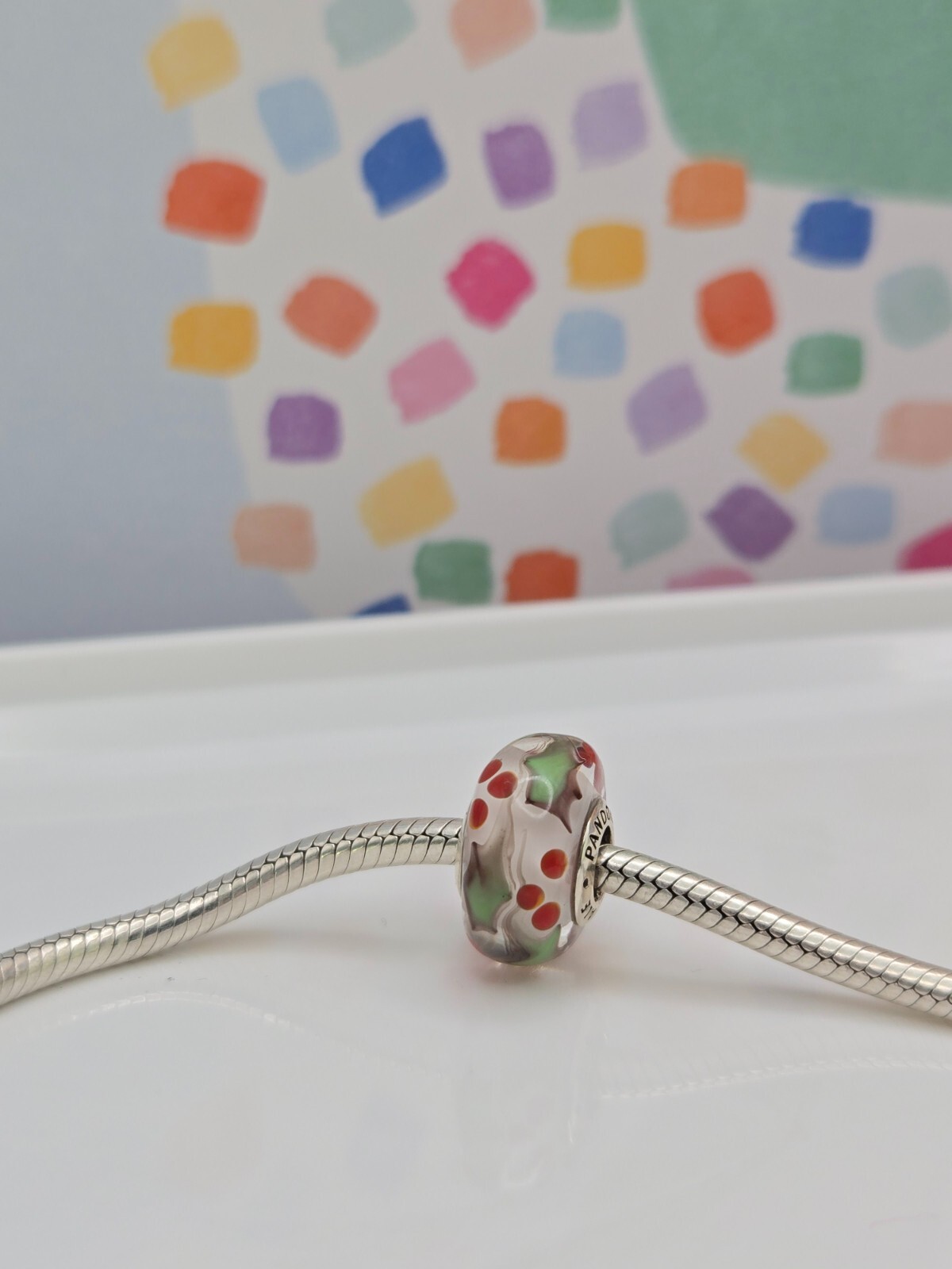 Authentic Pandora Holly Christmas Murano Glass silver moment Charm