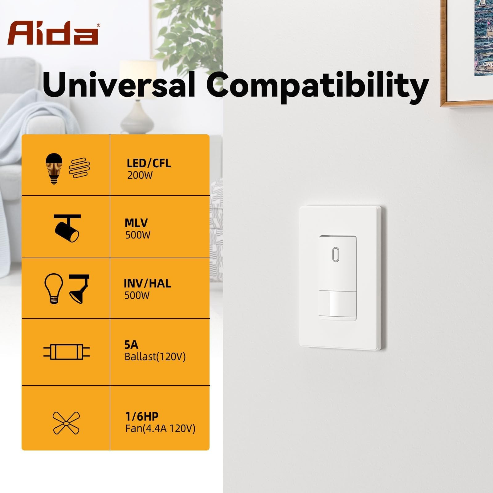 AIDA Single Pole Motion Sensor Light Switch w/Neutral Wire - 120° PIR Infrare...