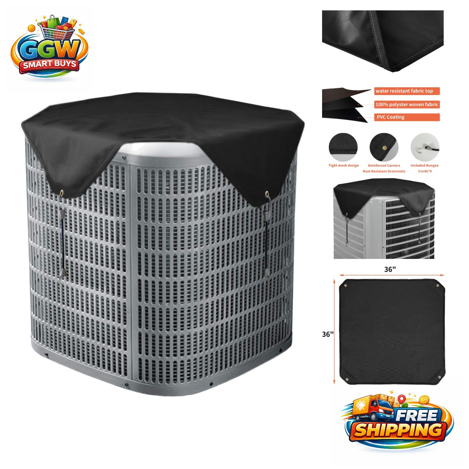 Heavy Duty Water-Resistant AC Cover for Outdoor Units Up to 36x36 Inch - Black