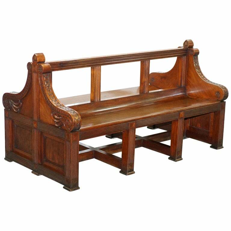 RARE VICTORIAN WALNUT DOUBLE SIDED MUSEUM GALLERY PEW BENCH PUGIN GOTHIC STEEPLE