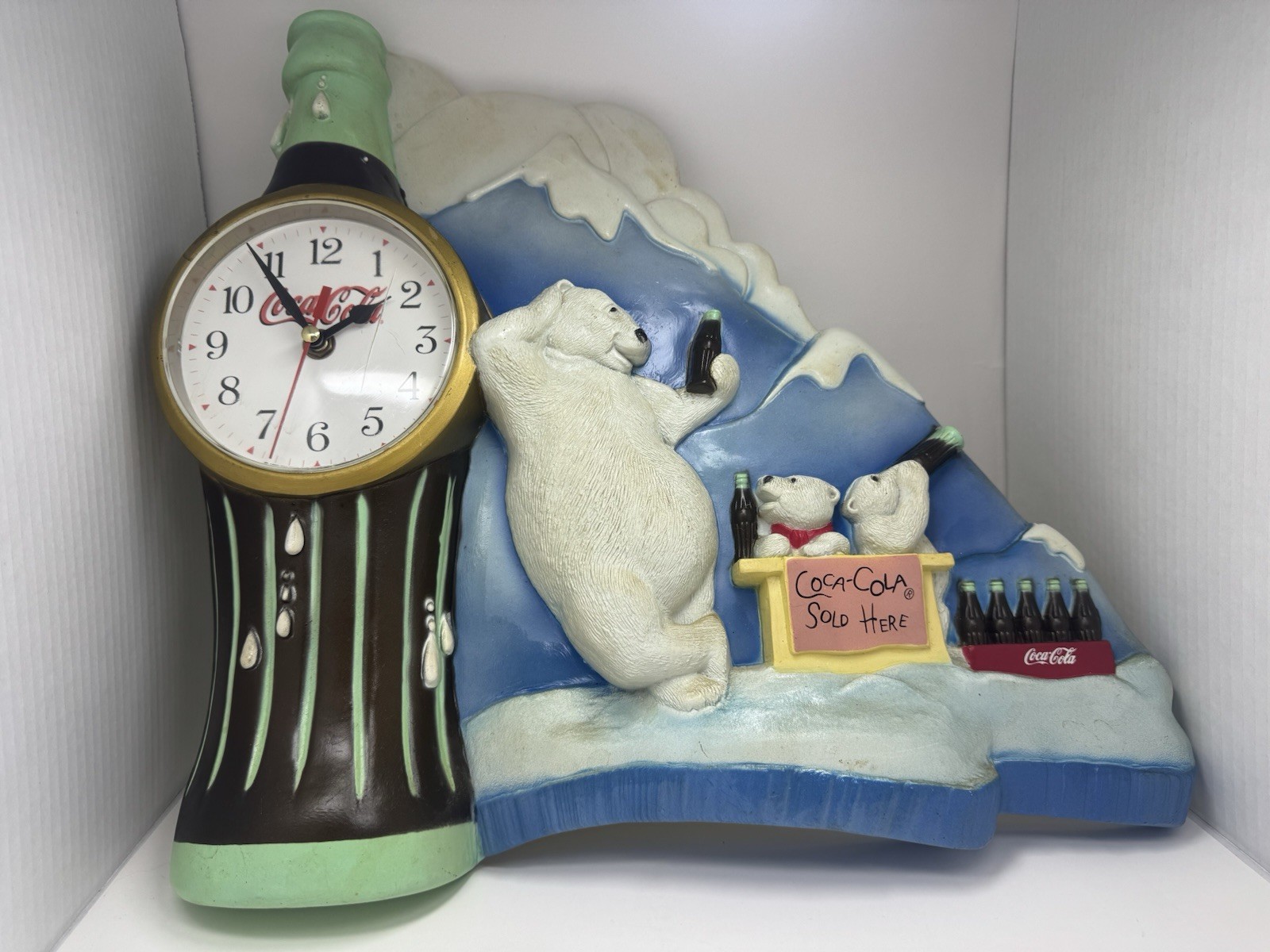Coca Cola Polar Bear Wall Clock 3D Bottle Design Tested Working Vintage