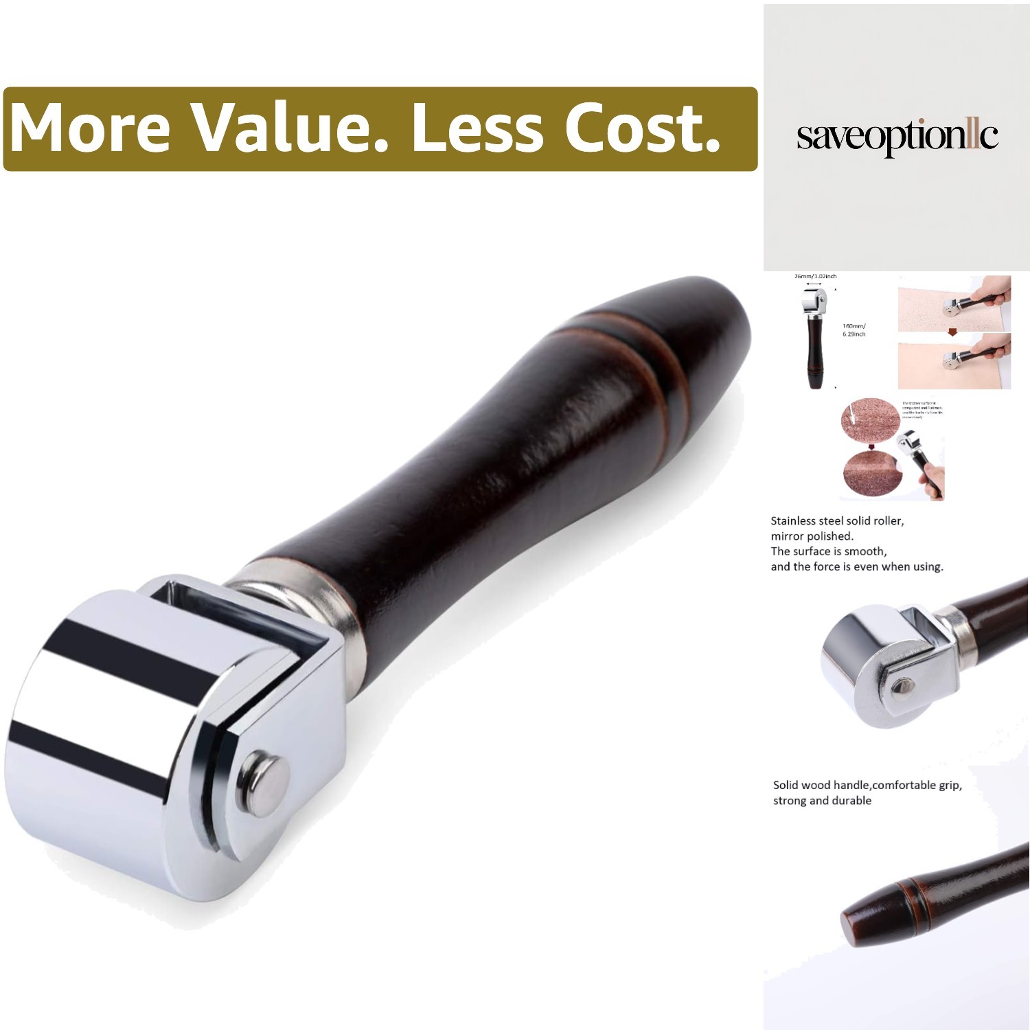 26mm Stainless Steel Leather Roller Tool with Wooden Handle for Crafts