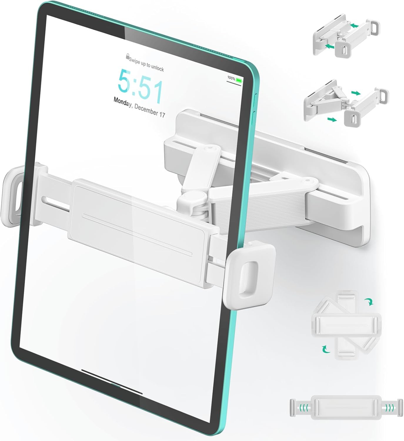 Adjustable Tablet Wall Mount Holder, Swivel 360 Rotating, Compatible White