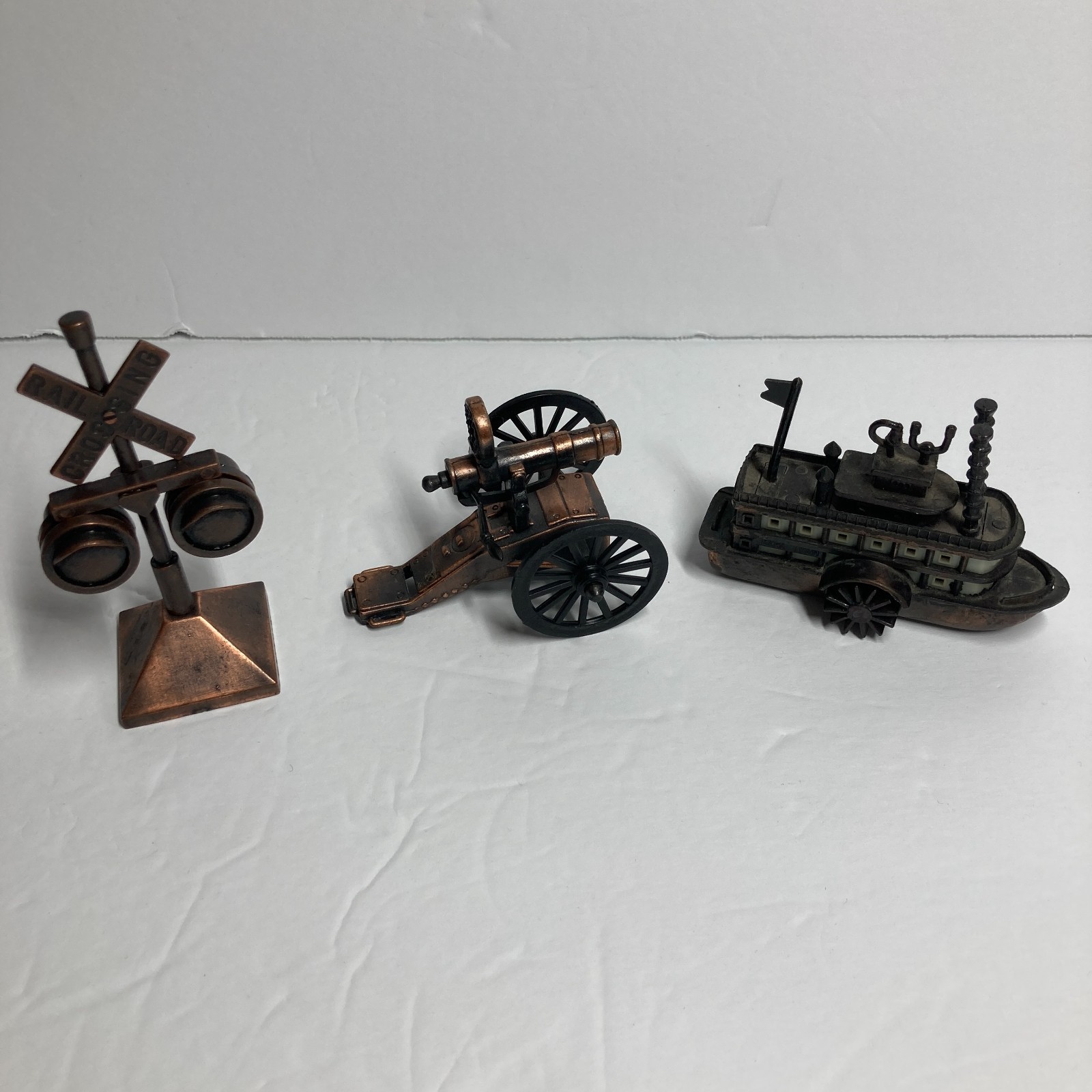 Vintage Metal Pencil Sharpeners Lot of 3 Cannon, Railroad Sign, Steamboat