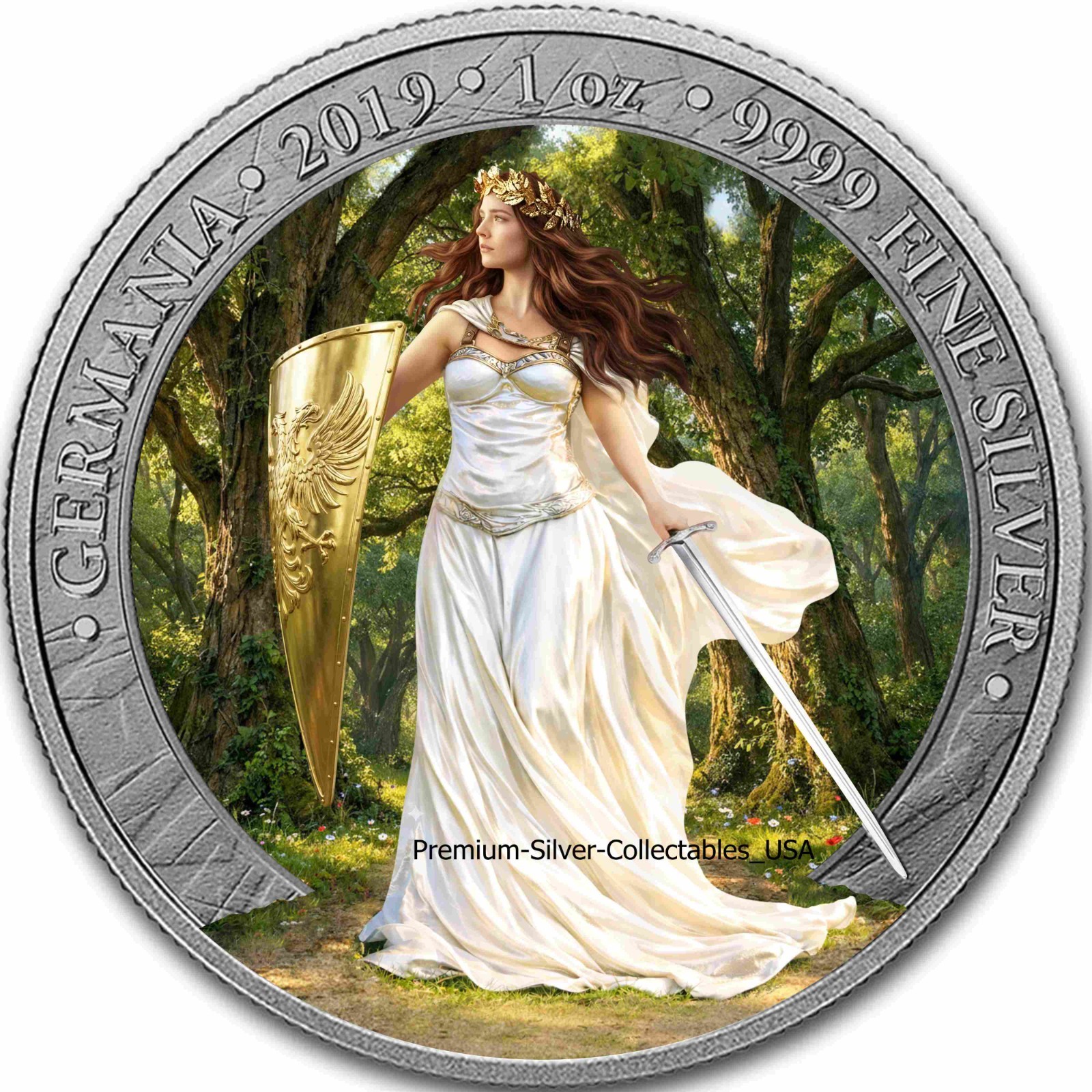 2019 Germania "Lady Germania" 1 Ounce .9999 Pure Silver Colorized Coin!