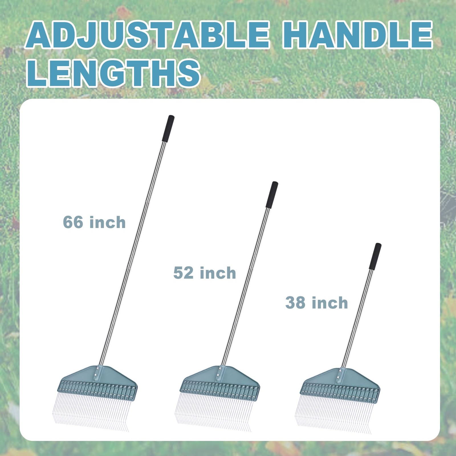 Adjustable Thatch Rake, 66" Handle, 17" Dethatcher for Lawn, Garden & Patio