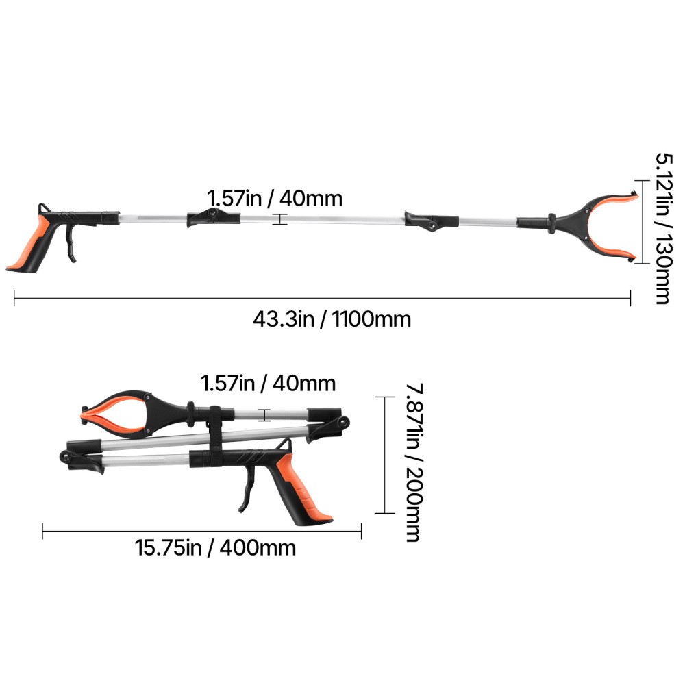 43" Foldable Reacher Grabber Tool with Rotating Head & Magnetic LED Light