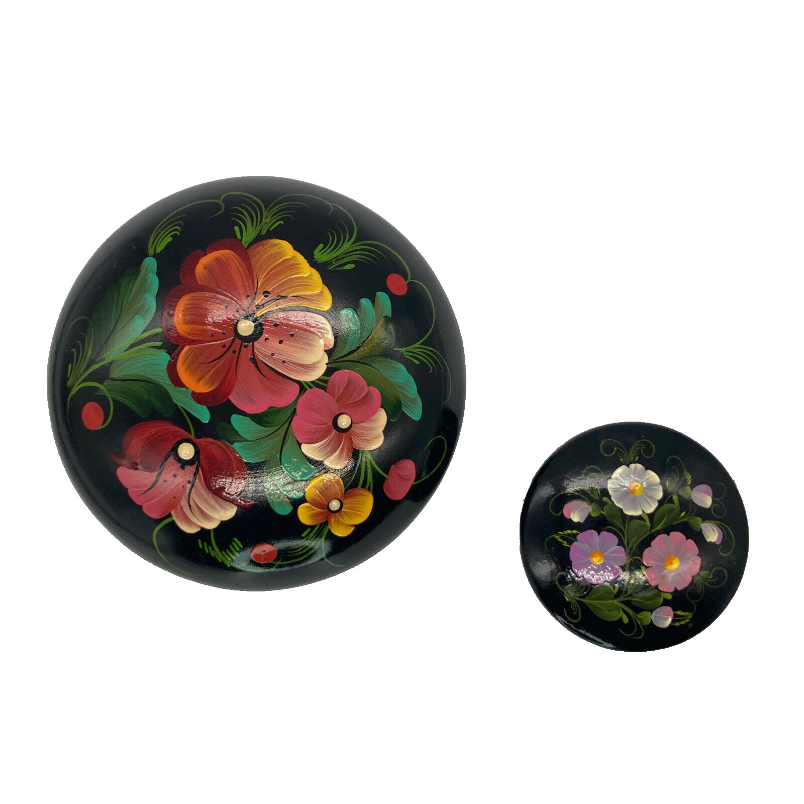 Black Lacquer Trinket Boxes with Lids Hand Painted Flowers Two Round