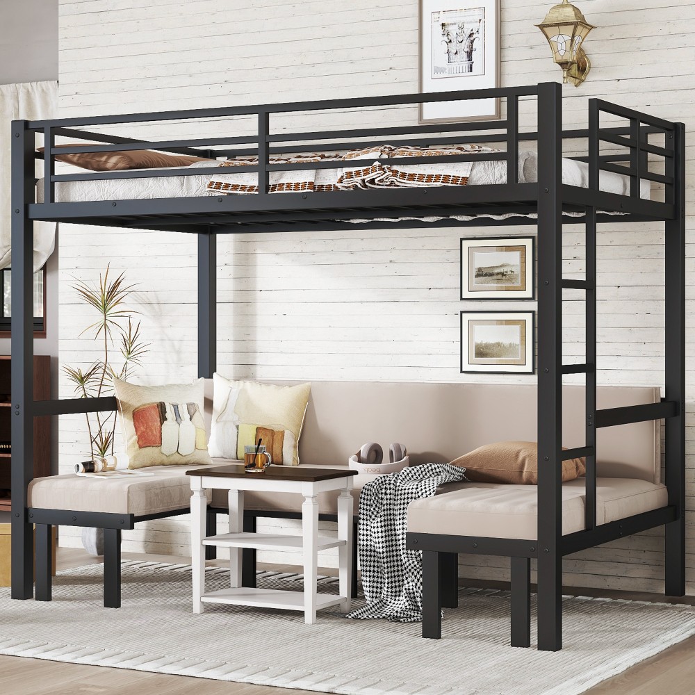 Full over Full Metal Bunk Bed - Pull-Out Lower Bunk (3 Sections) w/Safety Rails