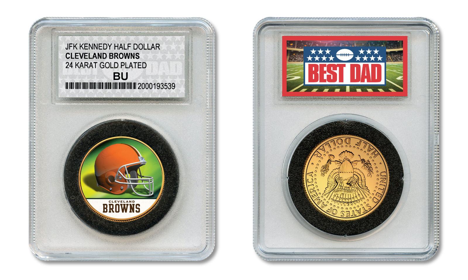 CLEVELAND BROWNS #1 DAD Licensed NFL 24KT Gold Clad JFK Coin in Slabbed Holder