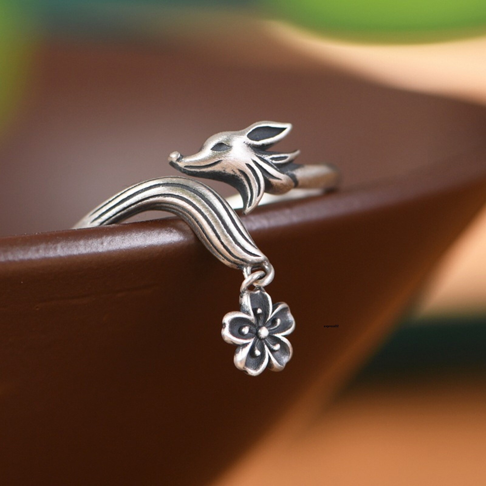 Solid 925 Sterling Silver Band Women gift Flower Fox Open Ring