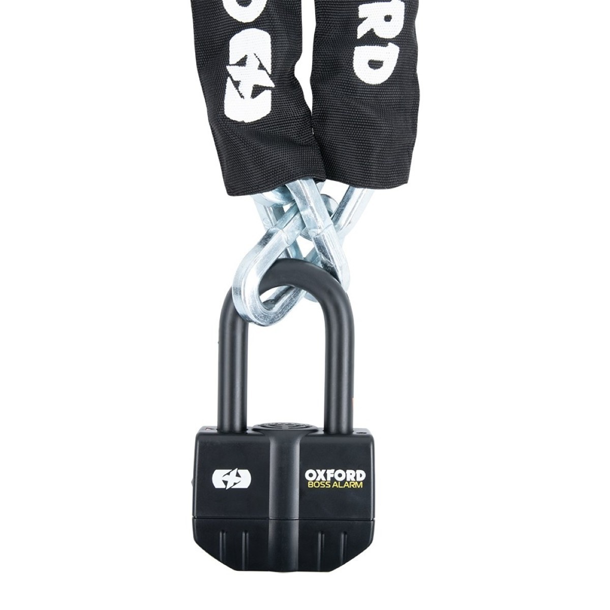 Oxford Boss Alarm 16mm Black + 12mm x 1.2m Chain Motorcycle Security Device