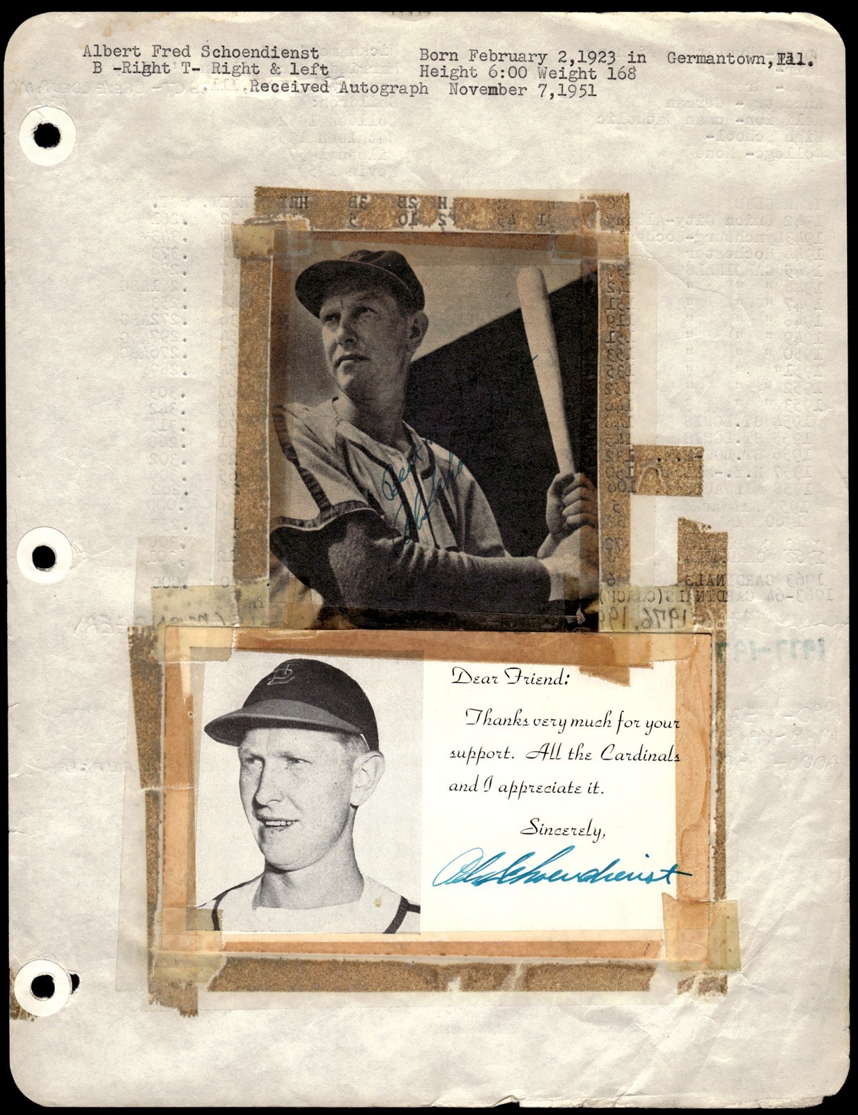 Red Schoendienst Cardinals Baseball 1951 Signed Page w/ stats Auto *Y2376